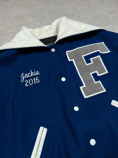 Varsity jacket with zipped hood