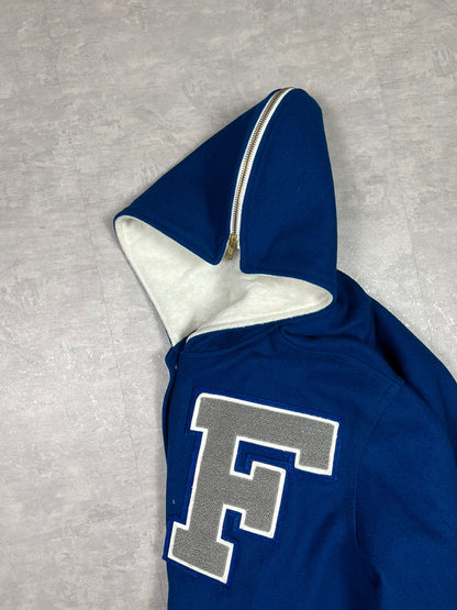 Varsity jacket with zipped hood