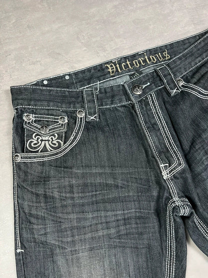 Victorious Y2K black denim embroidered details